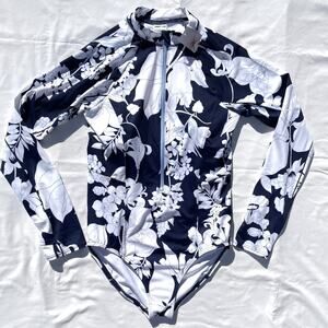 Lands’ End One Piece Long Sleeve Tugless Swimsuit Women 12L Navy Blue Floral Zip